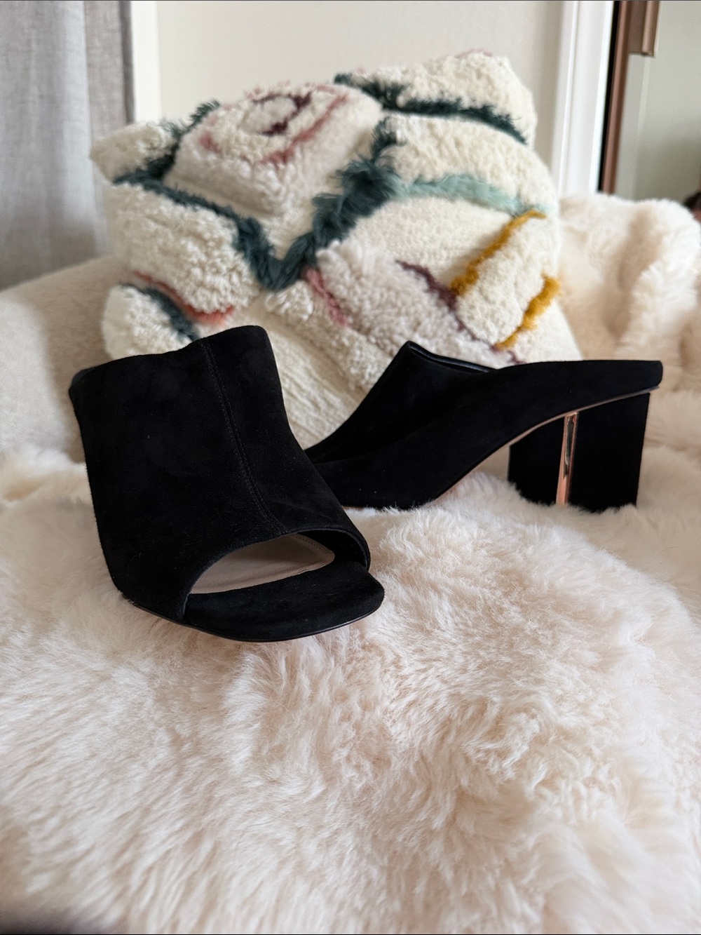 Via Spiga Black Suede Open-Toe Block Heel Mules